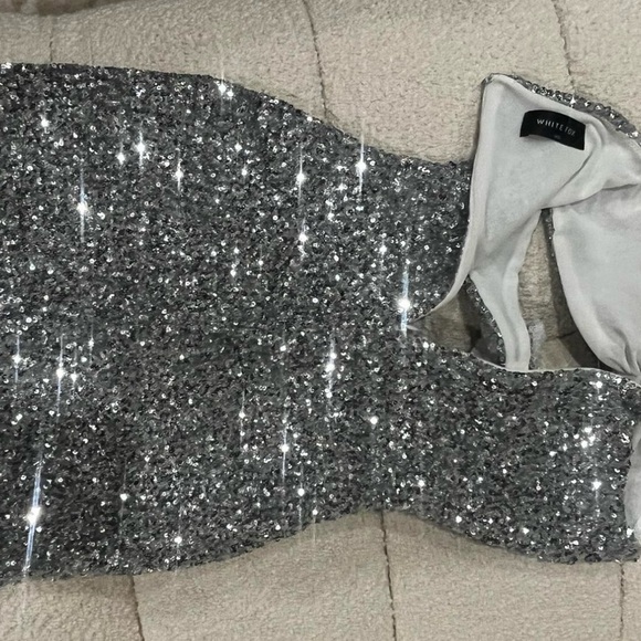 White Fox Silver Sequin Rosette Mini Dress - Picture 12 of 13